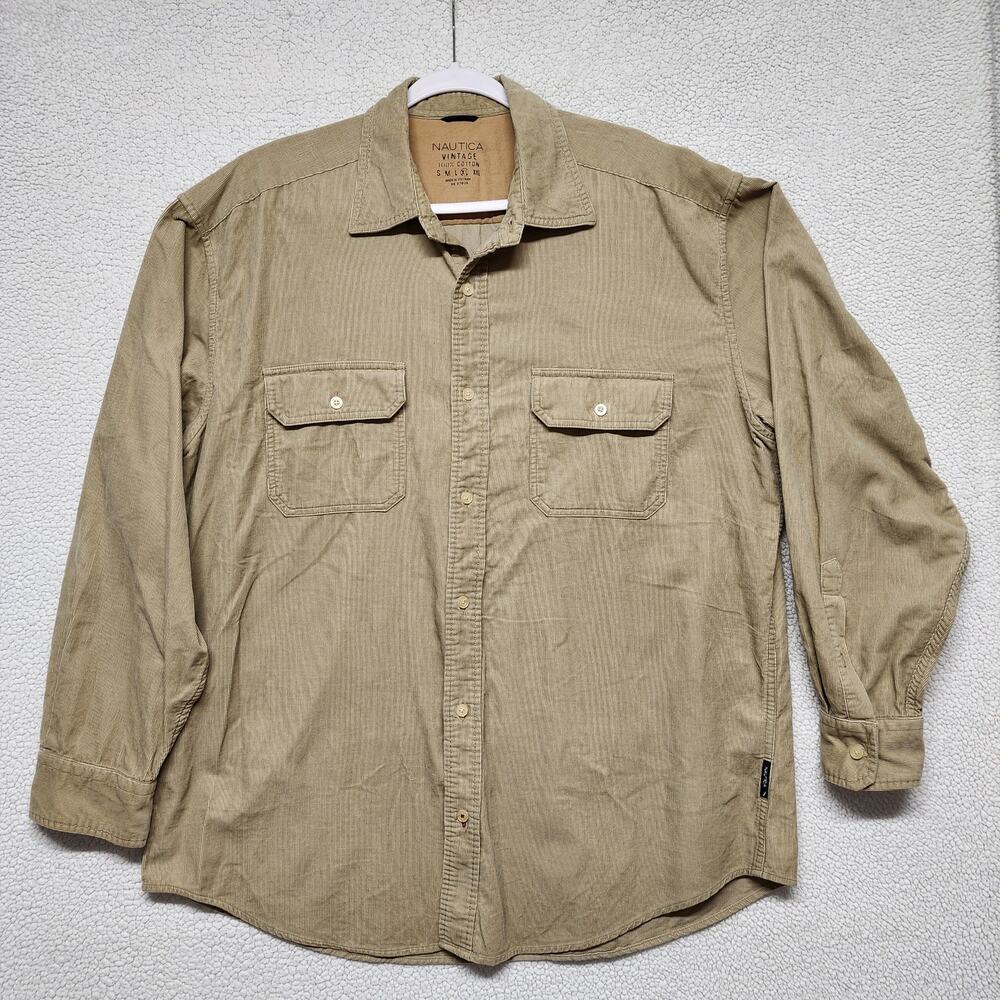Nautica Mens Vintage Corduroy Shirt Size XL Tan Pockets Button Up 100% Cotton
